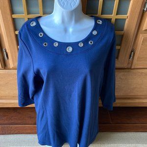 Quacker Factory Navy Blue 3/4 Sleeve Top Embellished Large